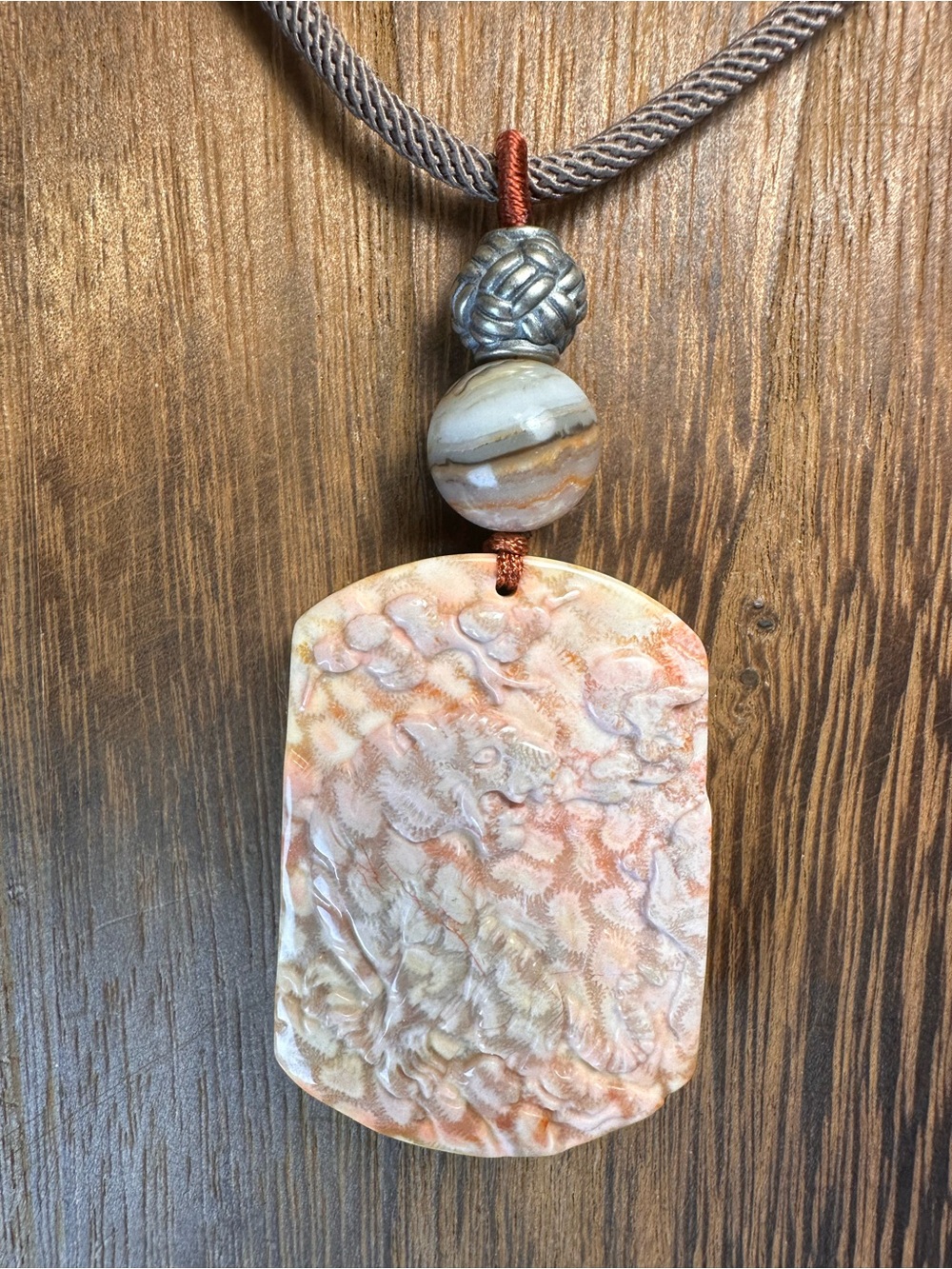 Coral Fossil Tiger Pendant Necklace on Light Brown Adjustable Rope - Picture 7 of 16
